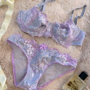 Victoria’s Secret Blue Lavender Floral Lace Lingerie Set